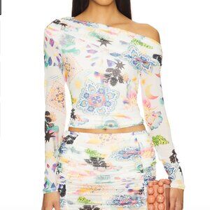 NEW AFRM Barry Top in Summer Convo White Long Sleeve Off Shoulder Medium M